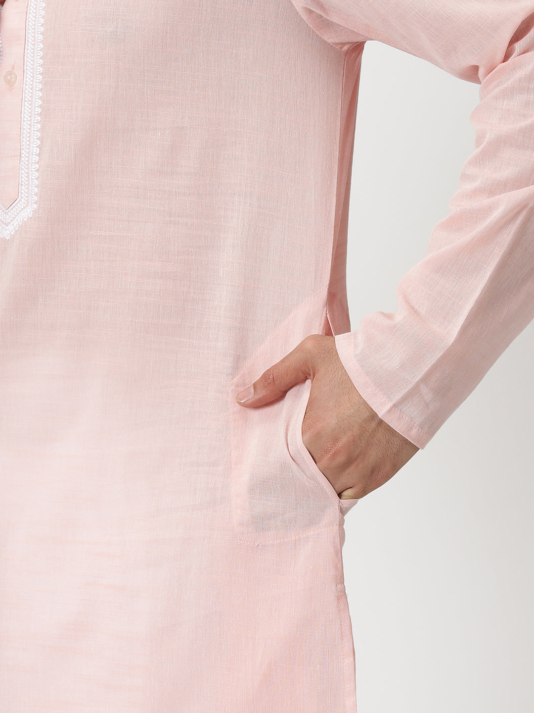 Pink Cotton Kurta with Embroidery around the Placket