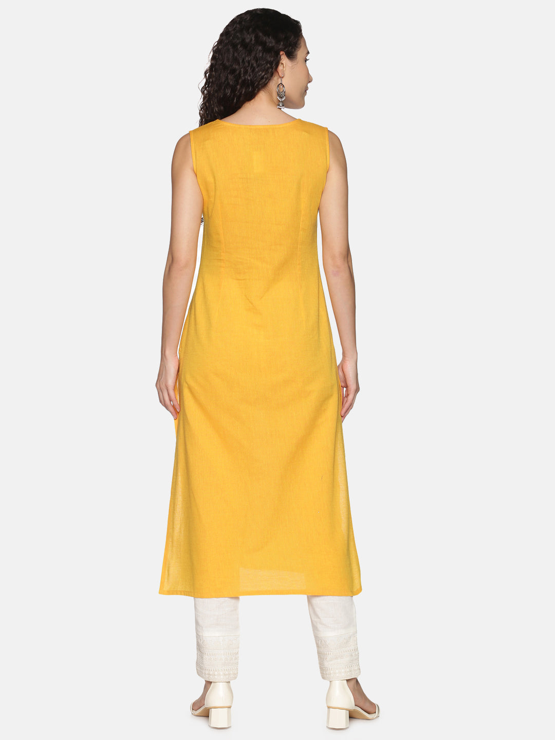 Yellow Cotton Kurta With Neck Embroidery