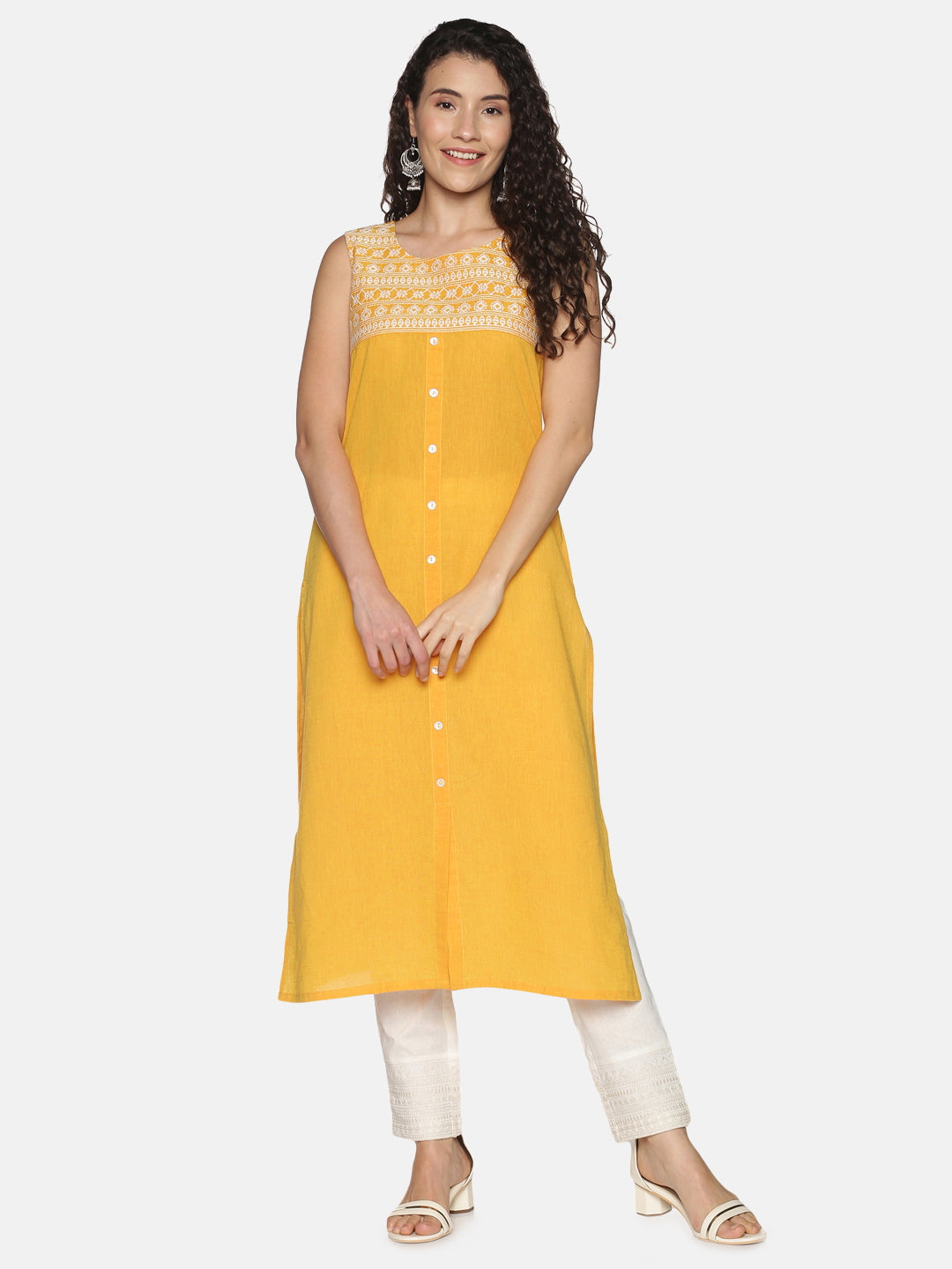 Yellow Cotton Kurta With Neck Embroidery