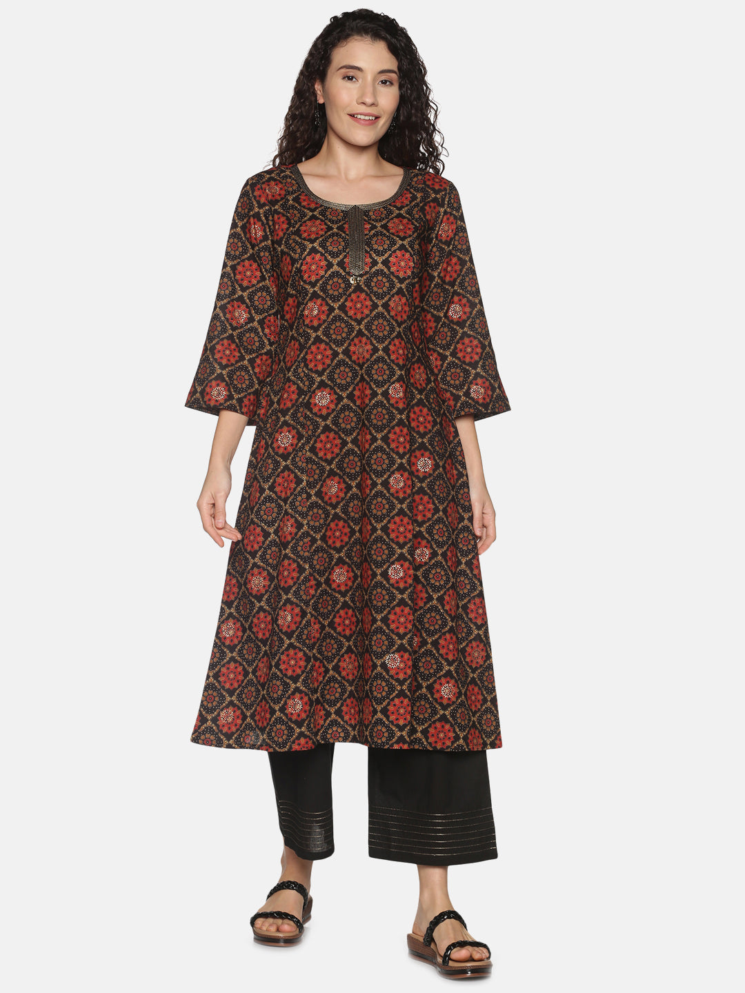 Black with Gold Rogan Printed Jaipur Cotton Kurta with Embroidered Neck