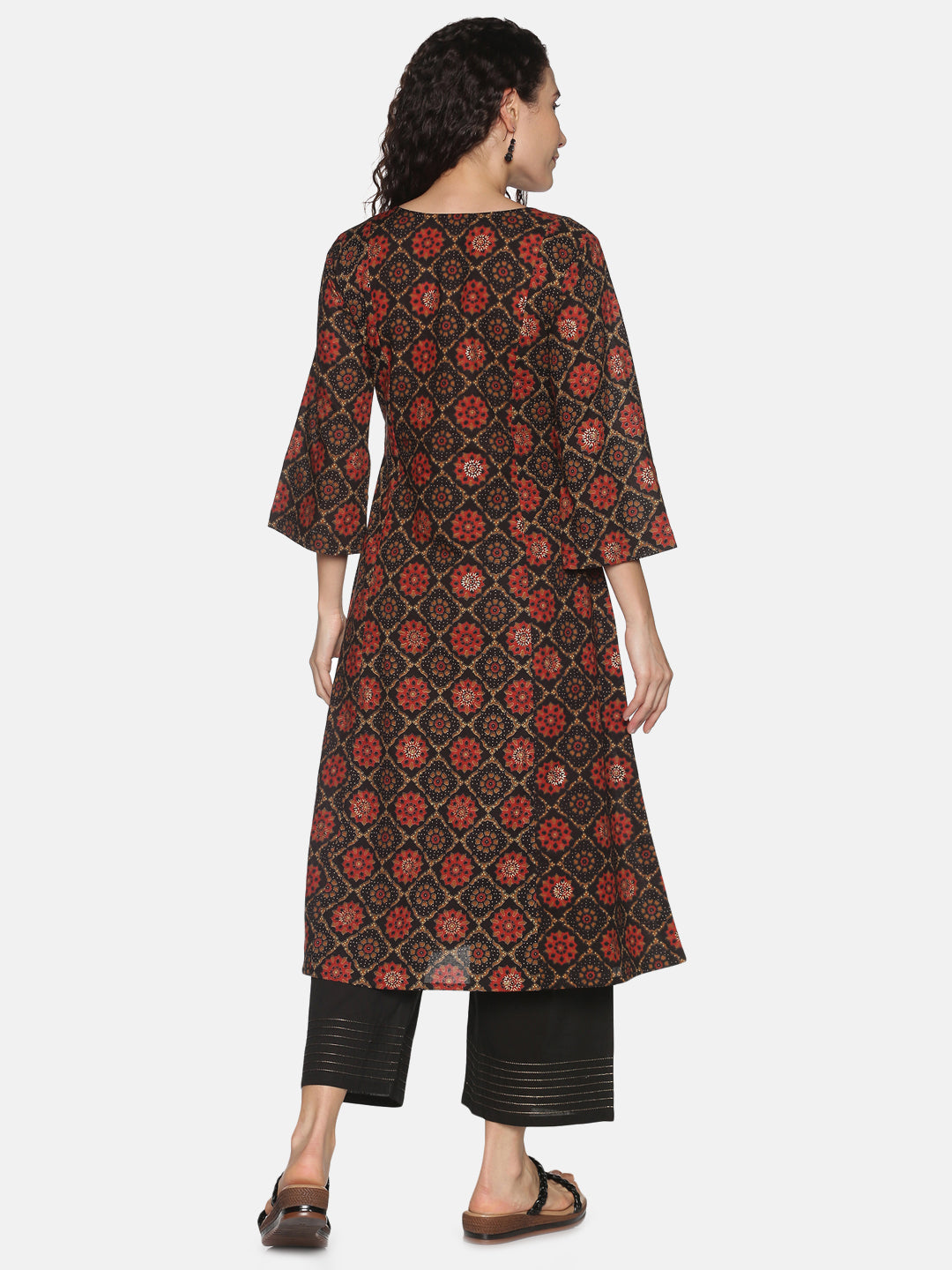 Black with Gold Rogan Printed Jaipur Cotton Kurta with Embroidered Neck