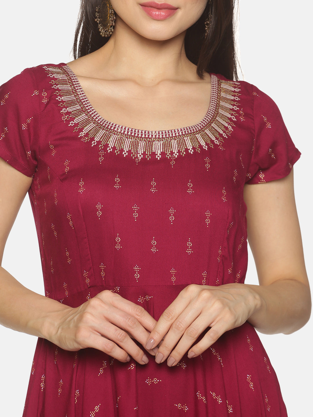 Burgundy All Over Printed Anarkali Kurta with Embroidered Neck