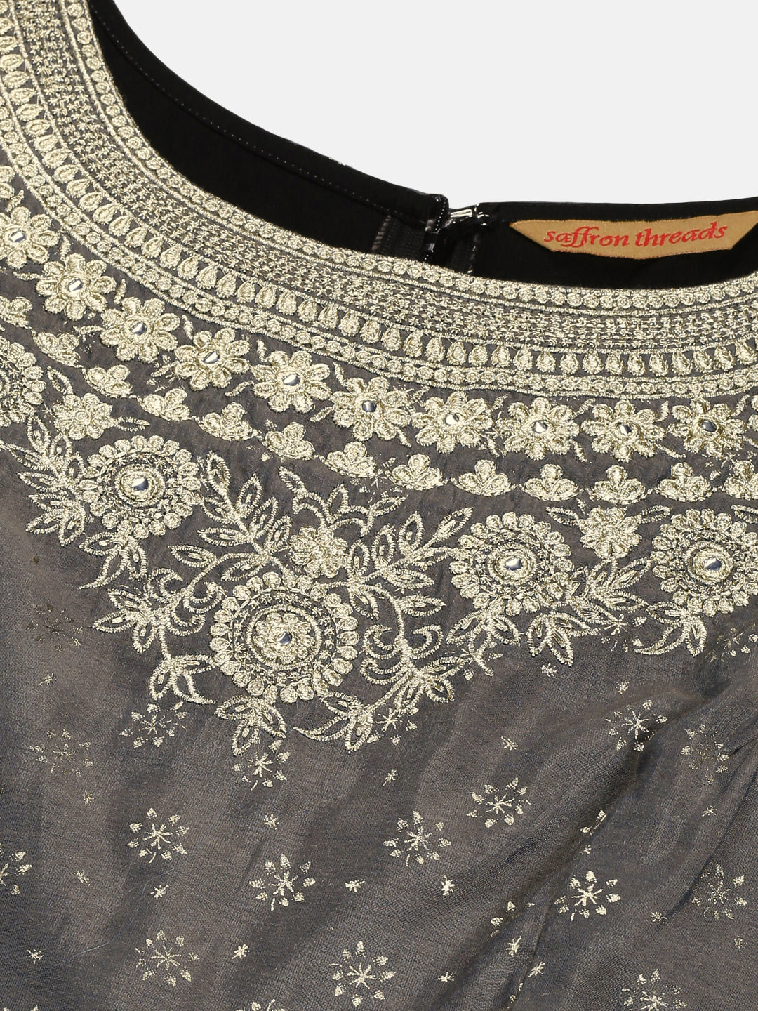 Grey Foil Printed Chanderi Anarkali Kurta with Gold Zari Embroidery