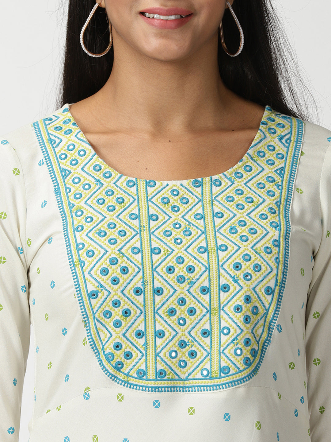 Off White Printed A-line Kurta with Embroidered Neck