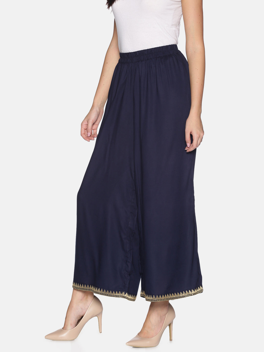 Navy Blue Rayon Straight Palazzo With Embriodery On Hem