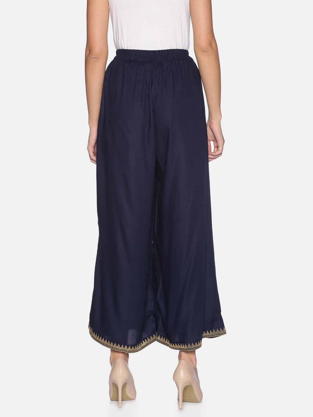 Navy Blue Rayon Straight Palazzo With Embriodery On Hem