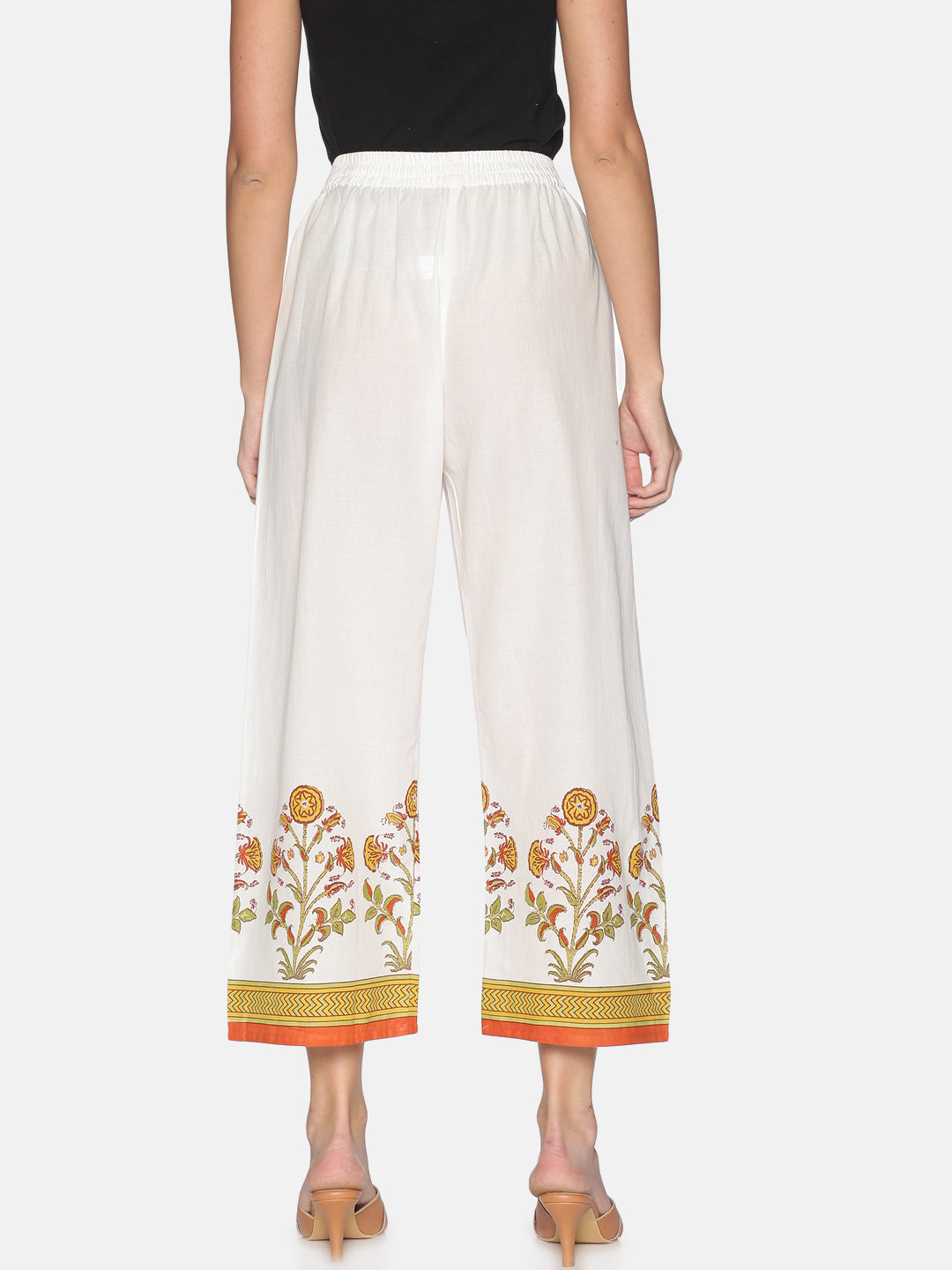 Off White Narrow Palazzo With Jaipur Print On Hem