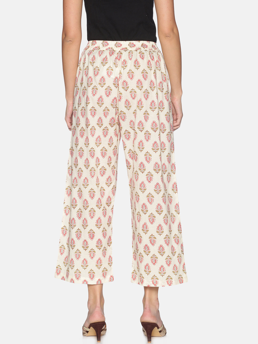 Cream Cotton Printed Narrow Palazzo