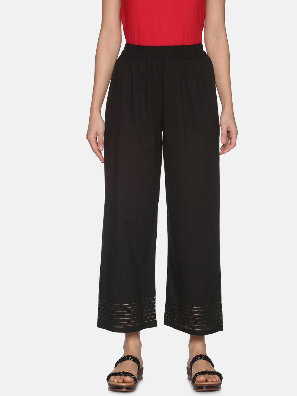 Black Cotton Wide Leg Palazzos with Pintuck On Hem
