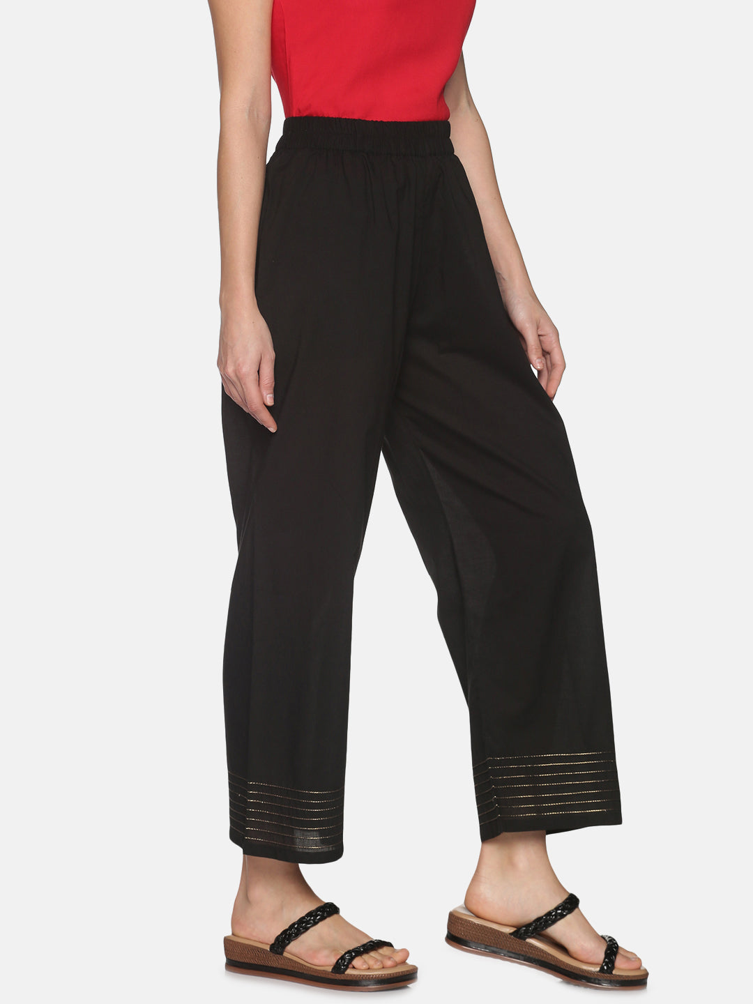Black Cotton Wide Leg Palazzos with Pintuck On Hem