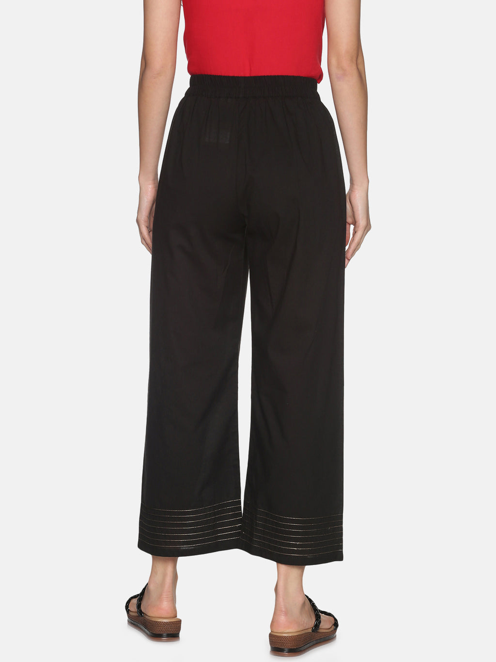 Black Cotton Wide Leg Palazzos with Pintuck On Hem