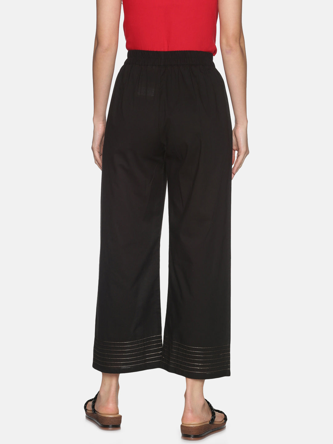 Black Cotton Wide Leg Palazzos with Pintuck On Hem