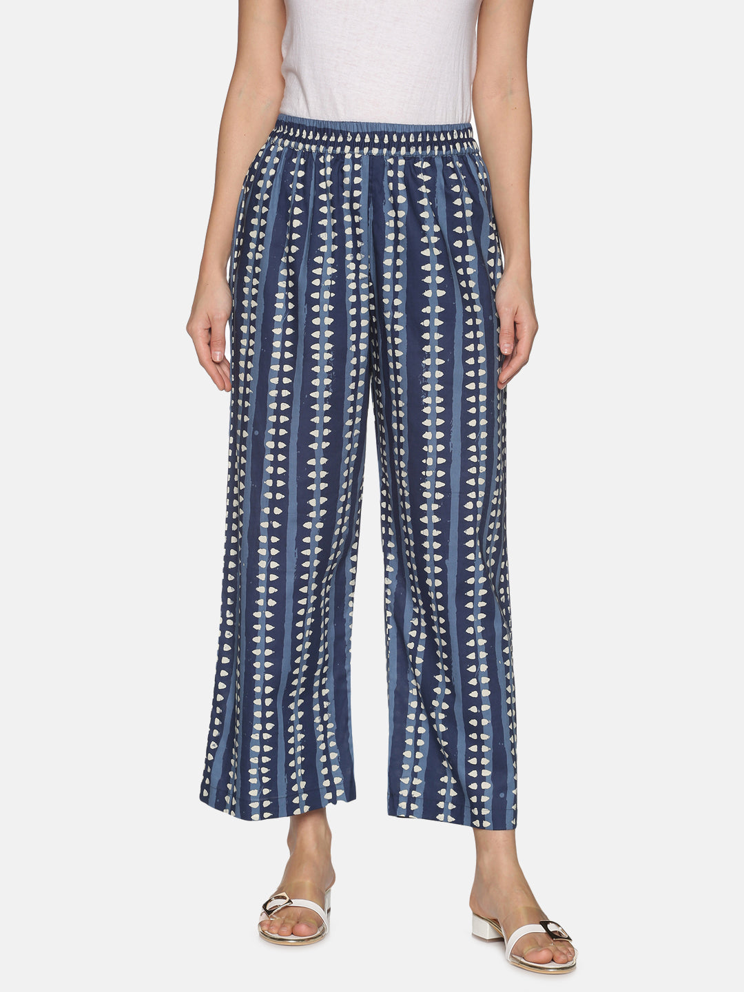 Blue Dhabu Printed Wide Leg Palazzo