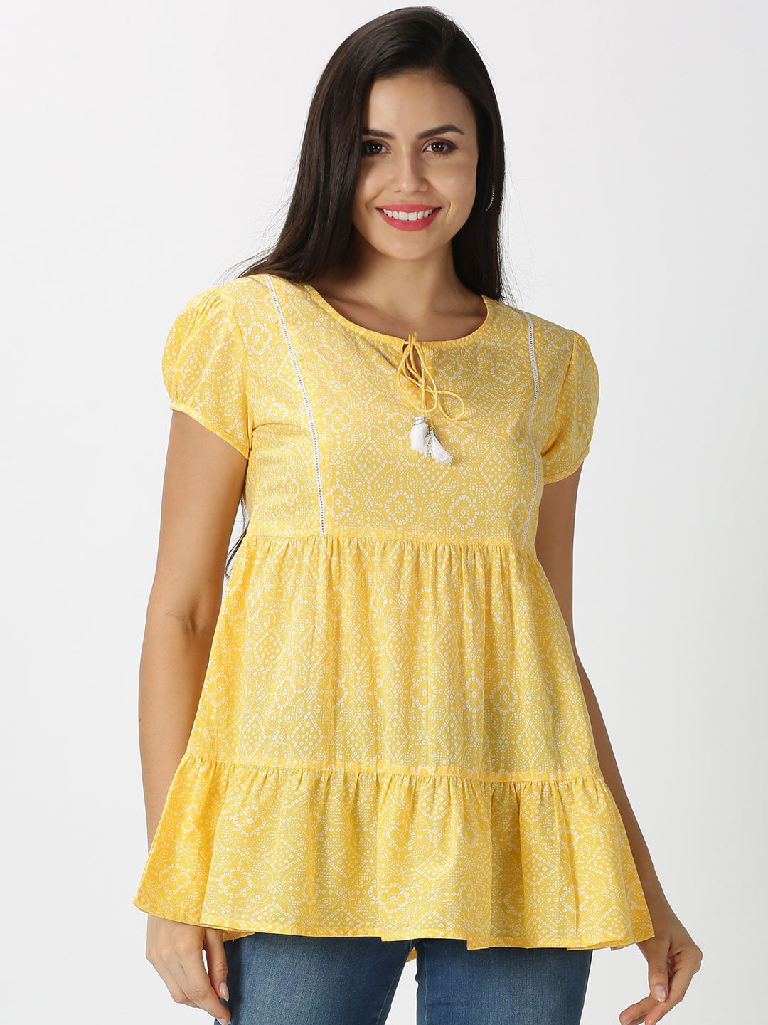 Yellow Bandhani Printed Tiered Top with Lace Inserts
