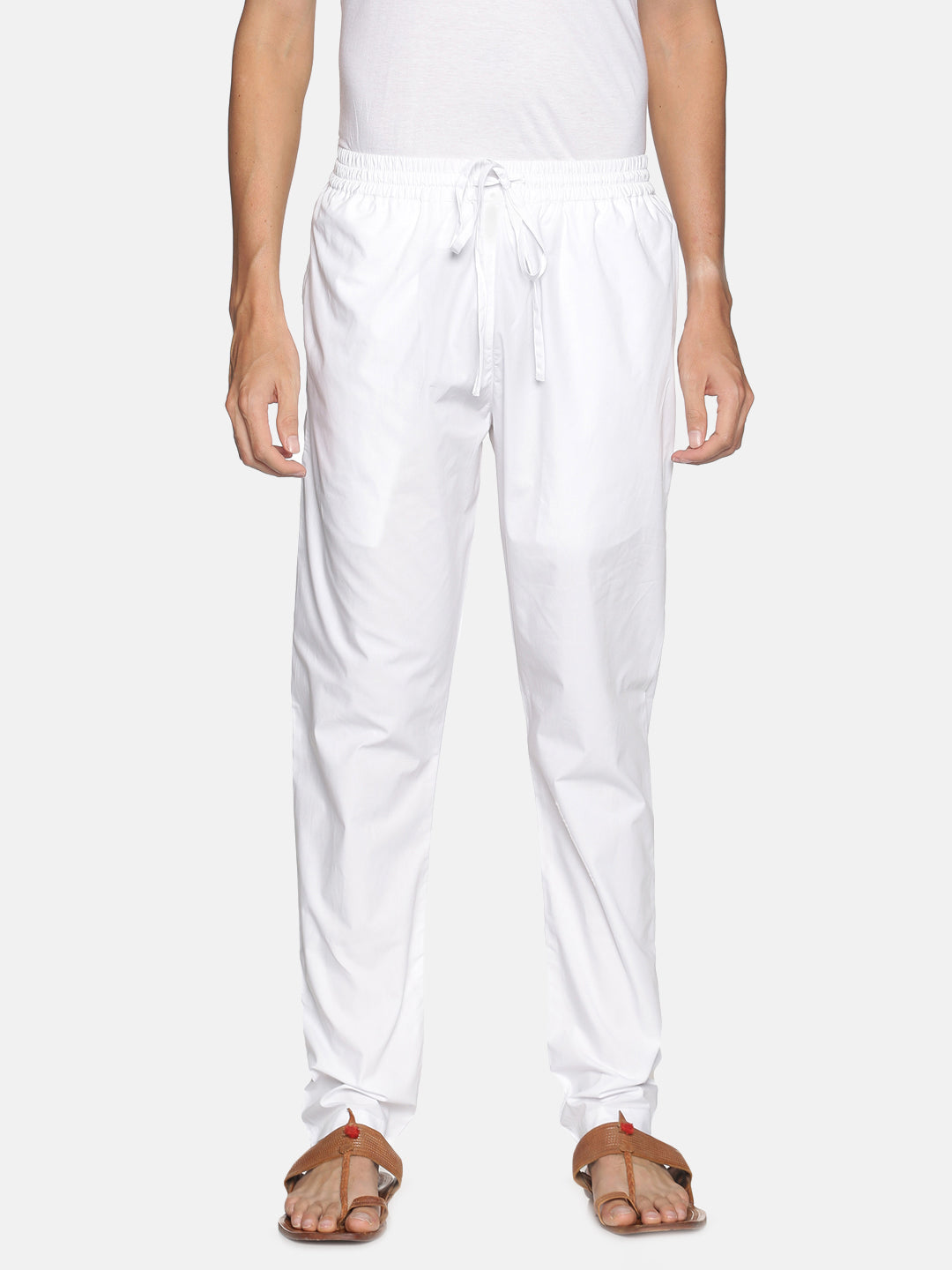 White Cotton Regular Fit  Elasticated Trouser with Drawstring