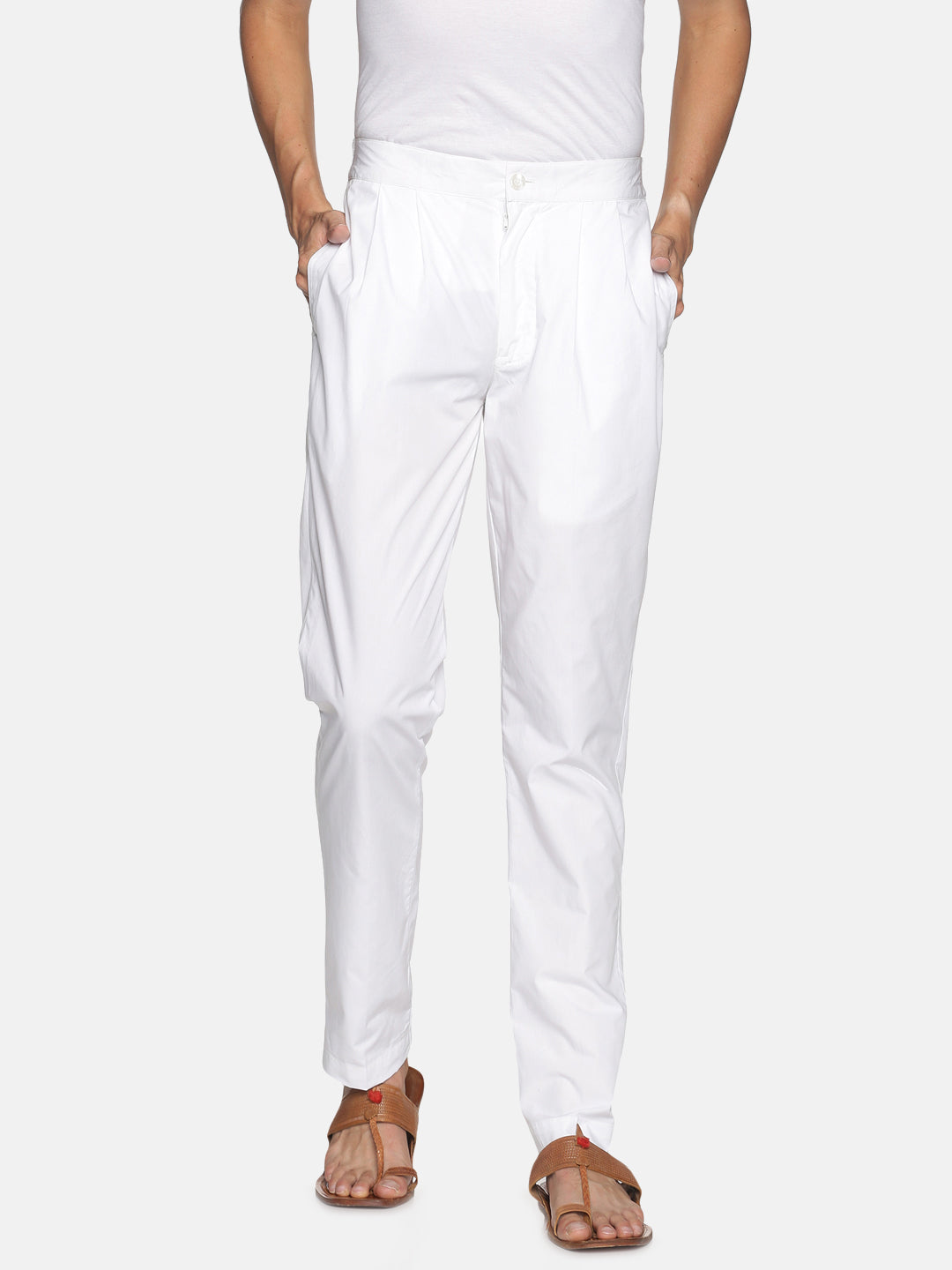 White Cotton Regular Fit Trouser with Pleated Front