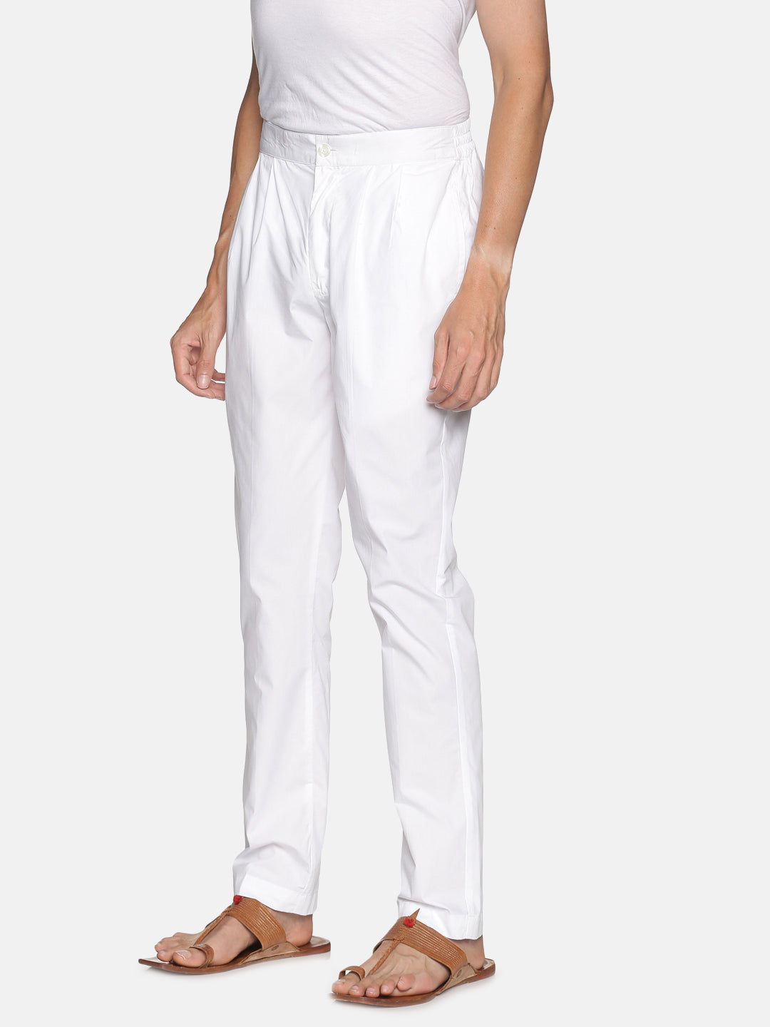 White Cotton Regular Fit Trouser with Pleated Front