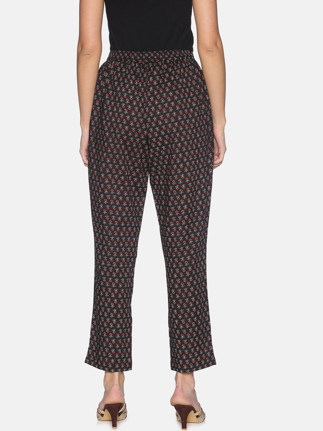 Black Cotton All over Print Pant With Side Slit On Hem