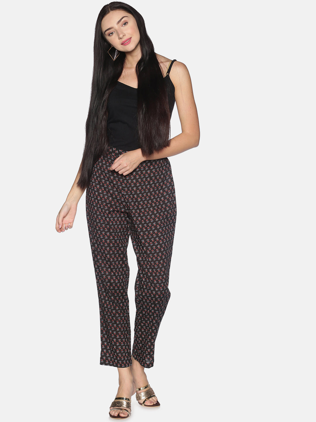 Black Cotton All over Print Pant With Side Slit On Hem