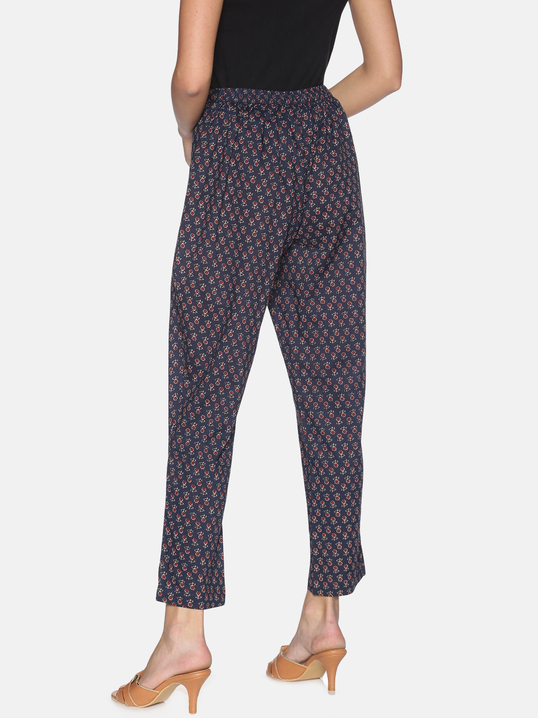 Navy Blue Cotton Allover Print Pant With Side Slit On Hem