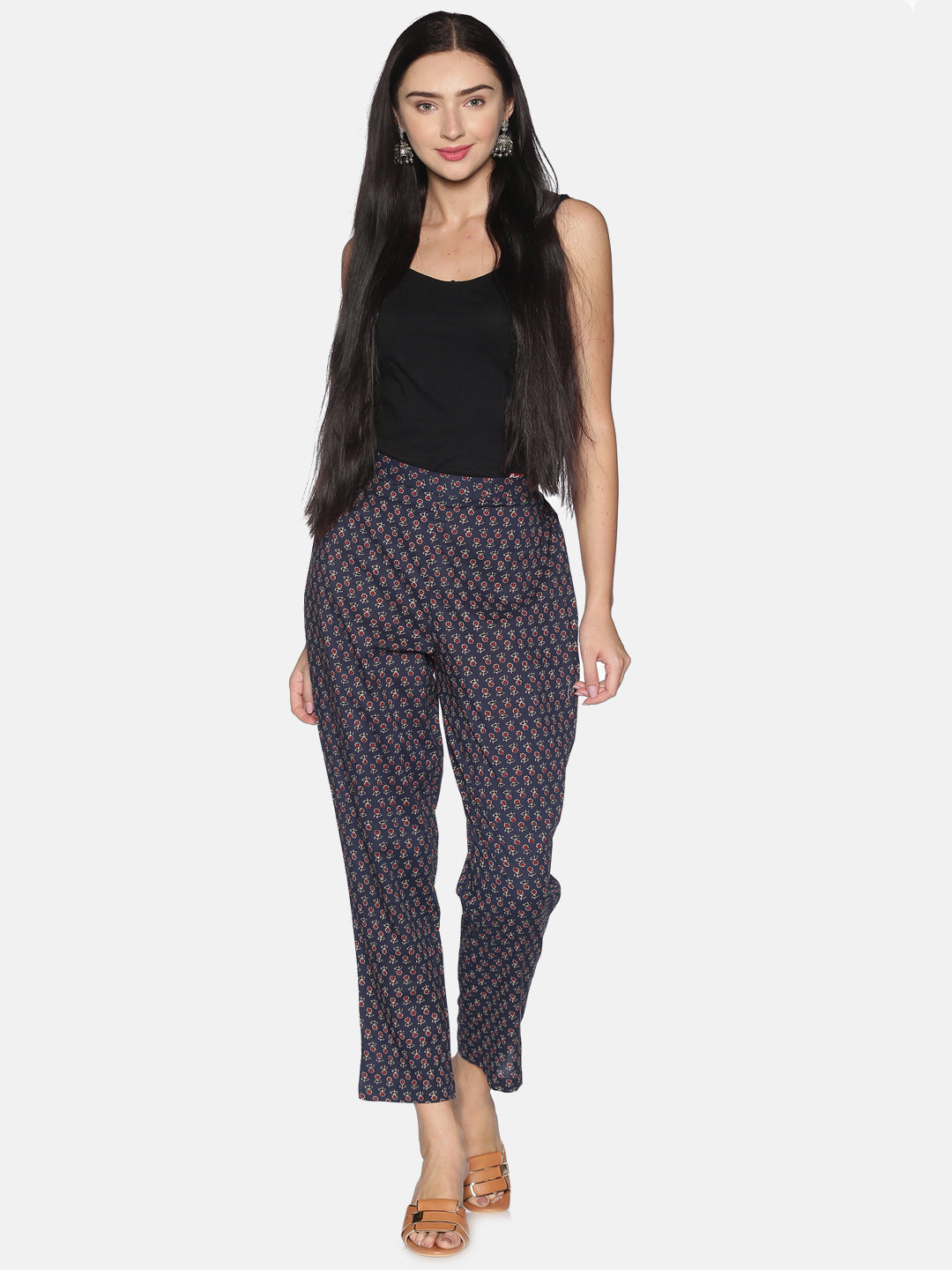 Navy Blue Cotton Allover Print Pant With Side Slit On Hem