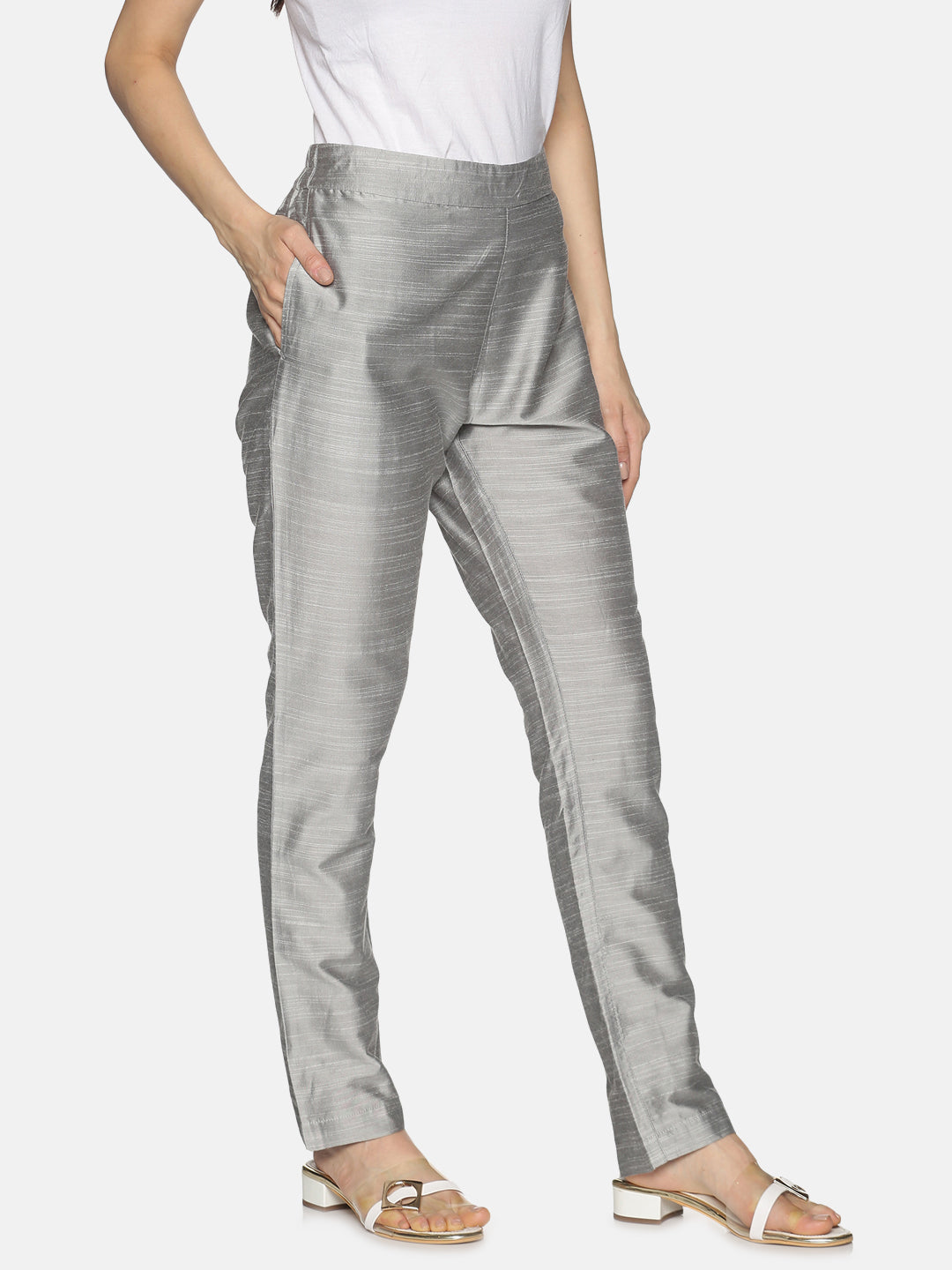 Silver Slub Regular Fit Solid Trouser With Side Pocket